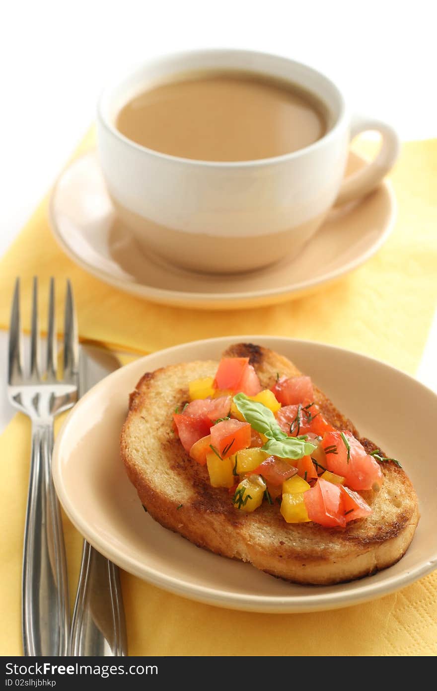 Bruschetta With Salsa And A Cup Of Coffee