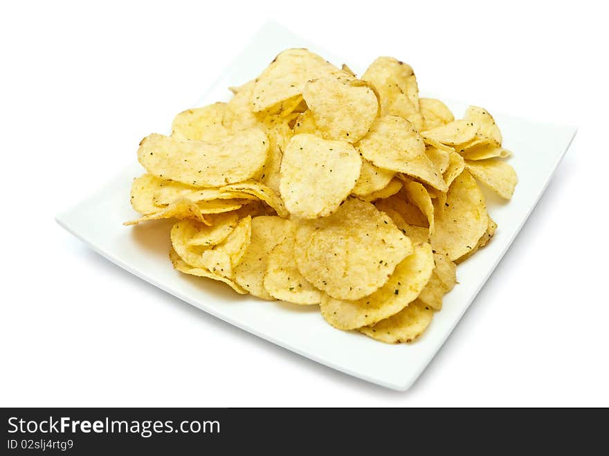 Heap of chips on plate isolated on white background