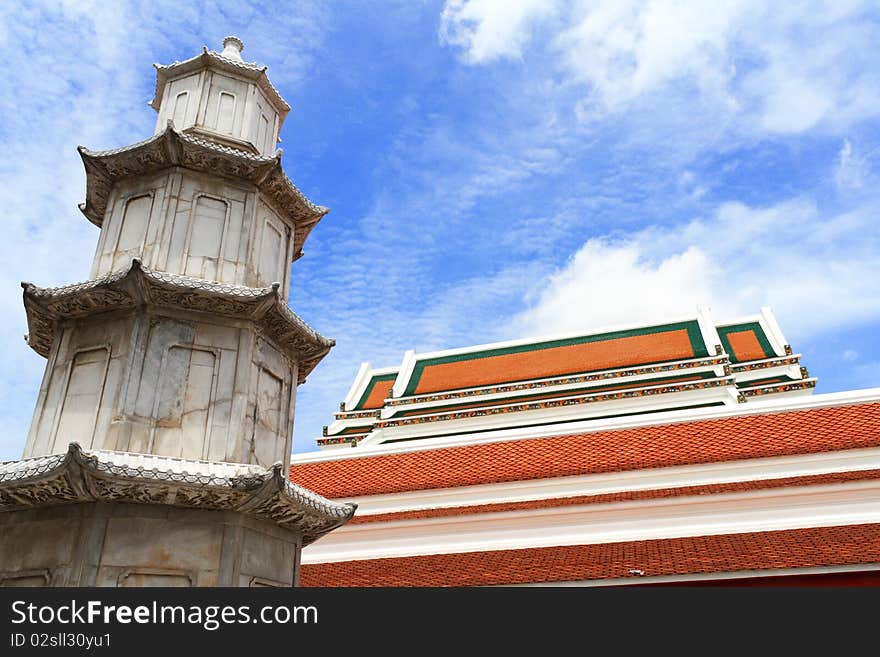 Chinese style pagoda in buddhist temple in Bangkok, Thailand