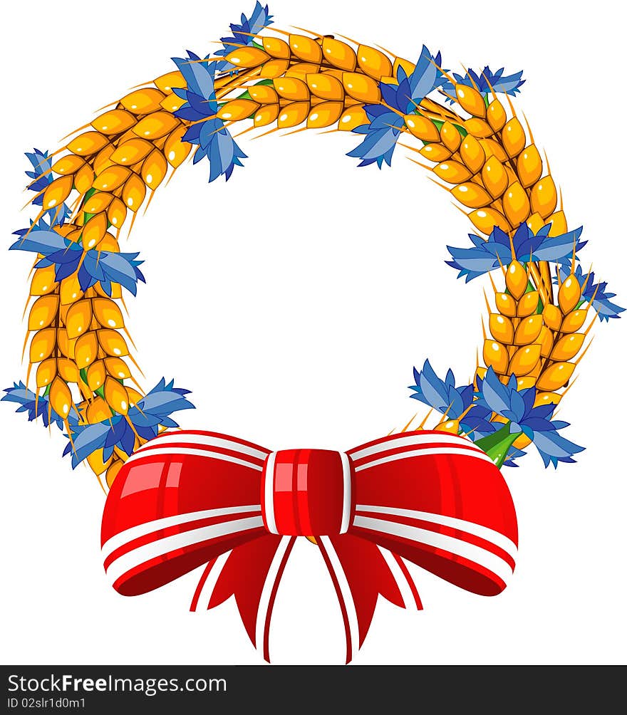 Wreath of ears and cornflower with a red bow