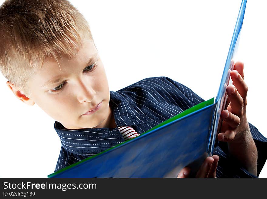 Teenager reads book. Reception of formation. Isolation on white background.