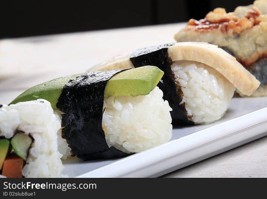 Various colorful sushi food served