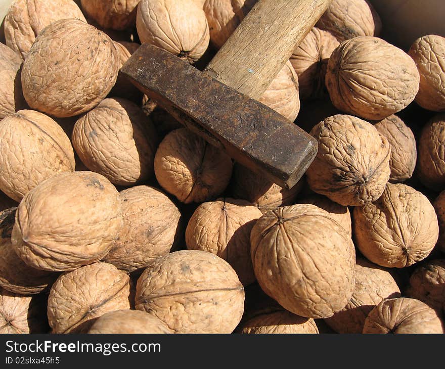 A handful of nuts, and laying on top of them hammer. A handful of nuts, and laying on top of them hammer