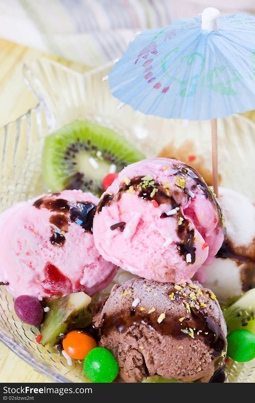 Close up of glass plate with different type of ice cream