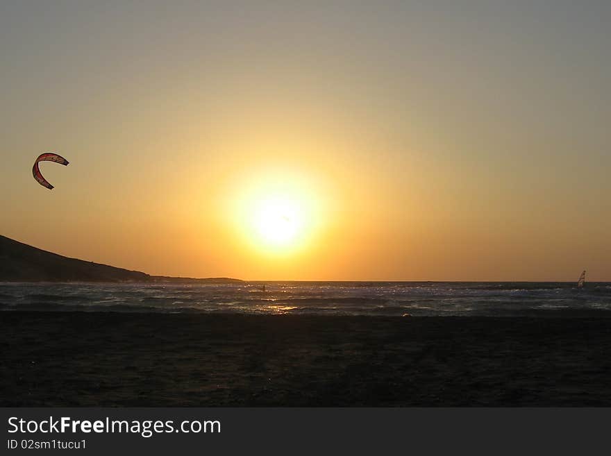 Sunset on Adriatic sea with Kiteboarding. Sunset on Adriatic sea with Kiteboarding