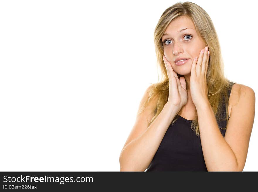 Close-up of a young woman looking surprised. Lots of copyspace and room for text on this isolate