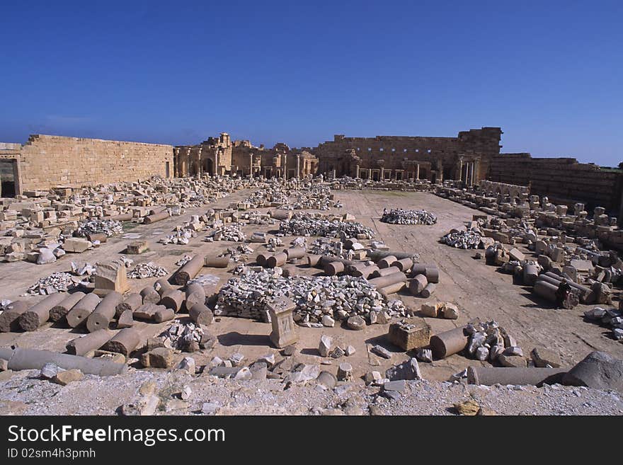 Overall view of Severan forum in the archaeological site of Leptis Magna