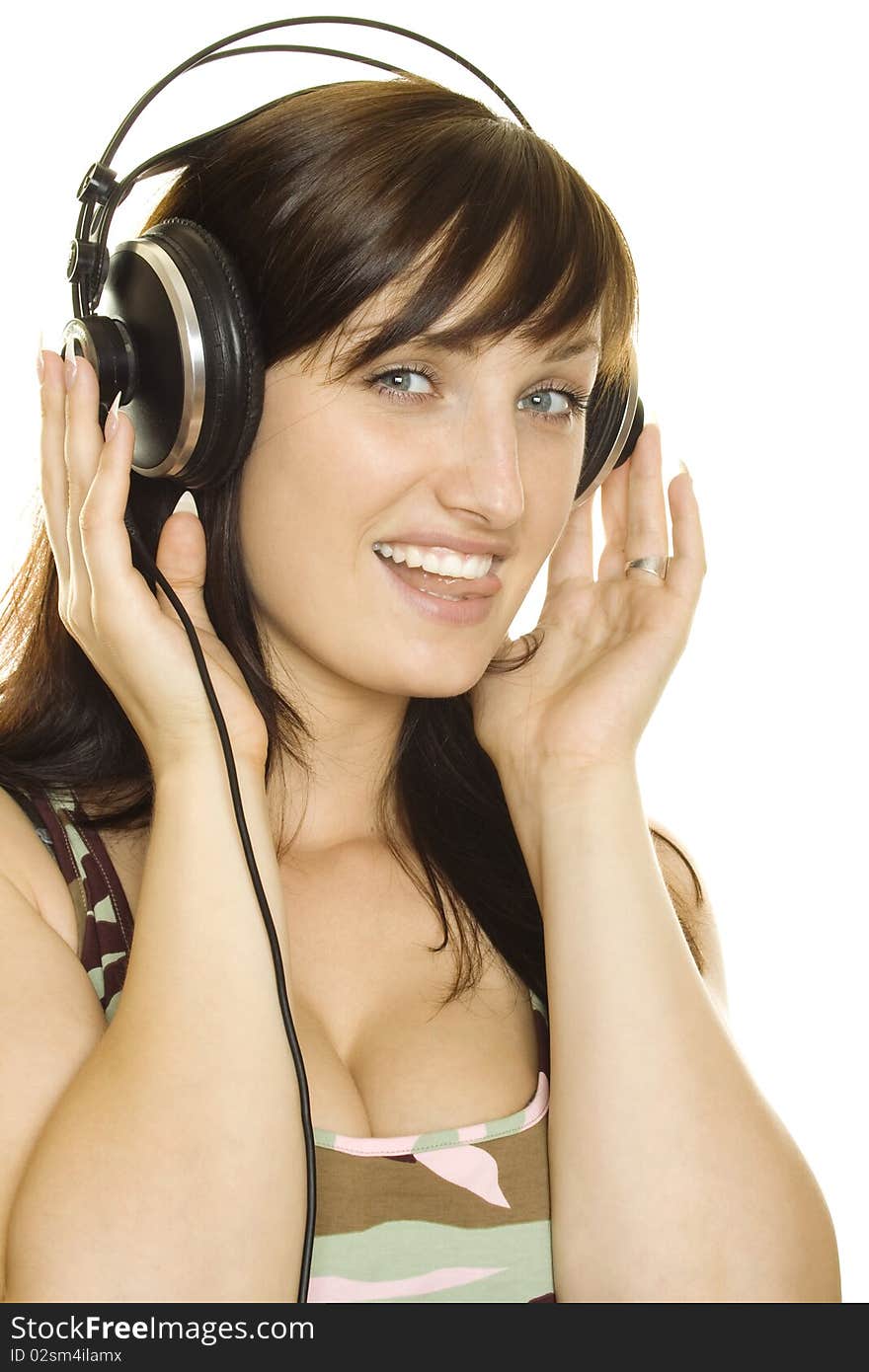 Woman listening to music and singing. Isolated on white background