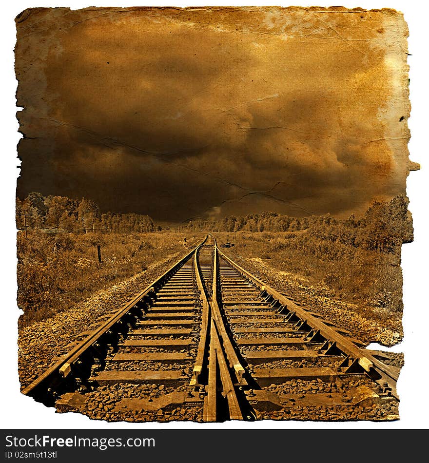 Railway near stations on grunge background