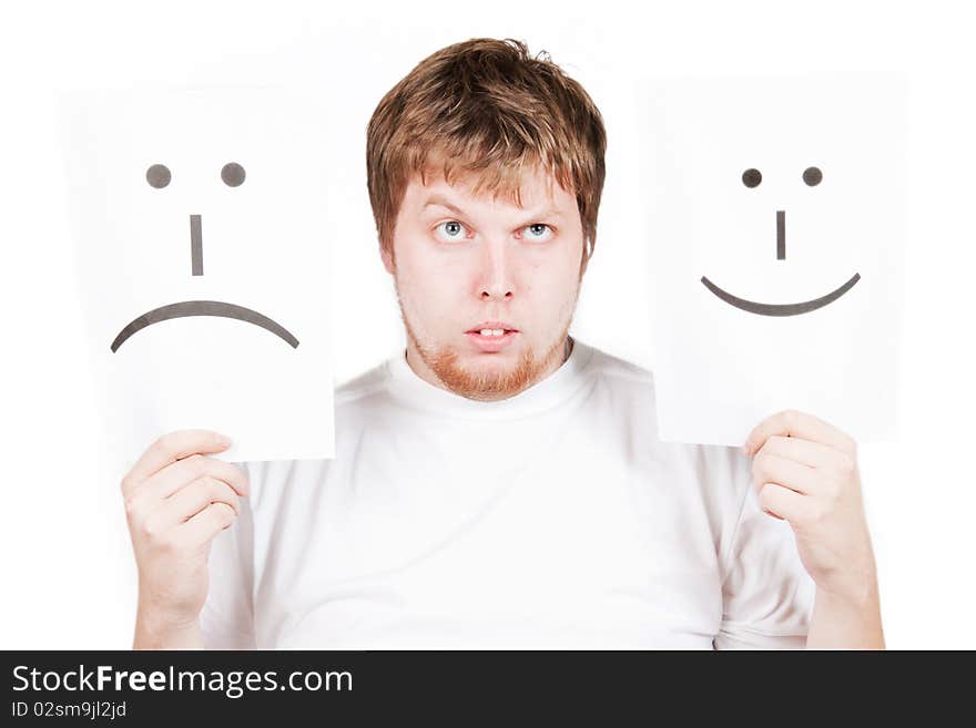 Funny young man with with a smile face drawn on paper isolated on a white background. Funny young man with with a smile face drawn on paper isolated on a white background