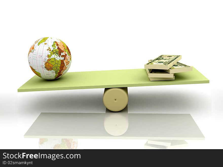 High quality 3d  render earth and dollar balancing in white background