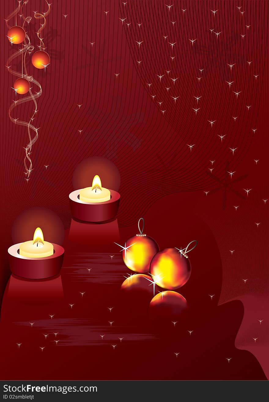 Two candles and christmas' balls on a red background. Two candles and christmas' balls on a red background