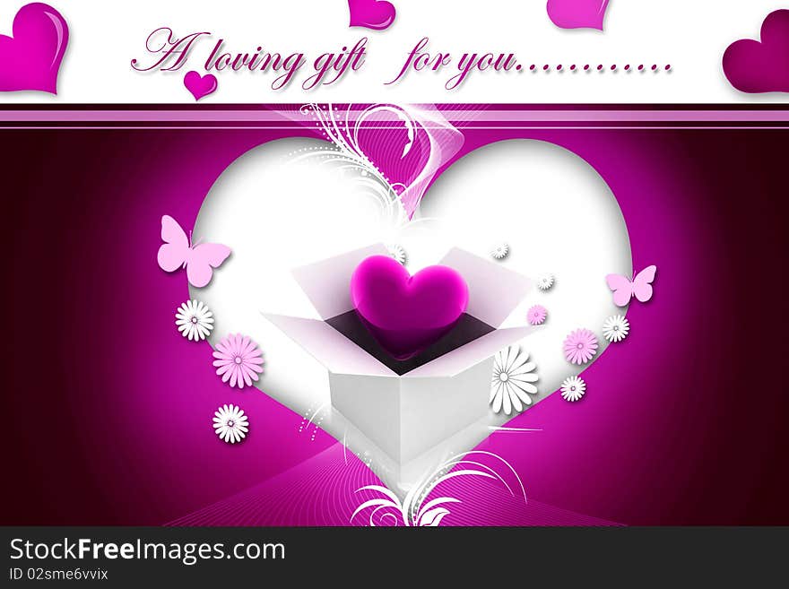 Digital illustration of heart gift box in color,
background