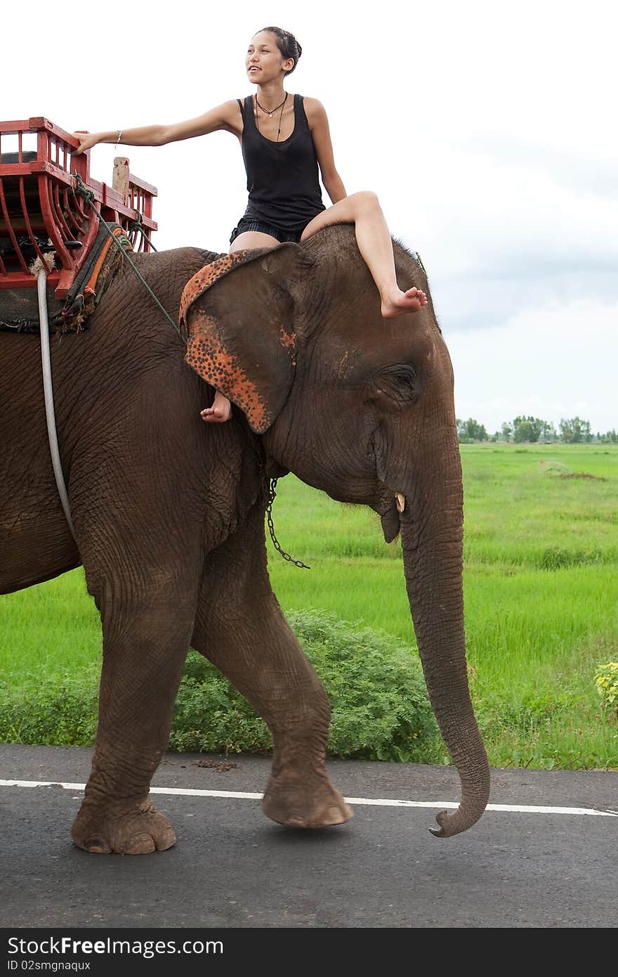 Female teenager rides elephant