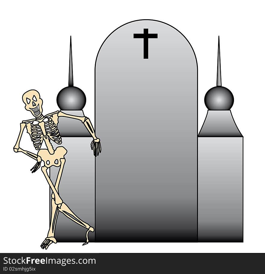 a tombstone with a funny skeleton on left side on white background this illustration could be used for invited card or for decoration