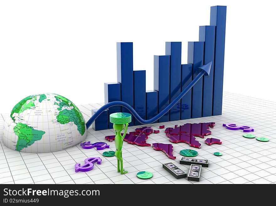 3d business graph with half earth and dollars