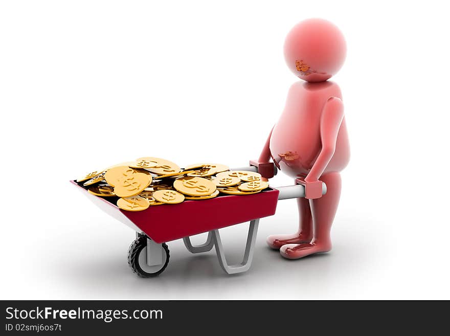 3d multi use Gold Coin In Wheelbarrow. Business growth and profit