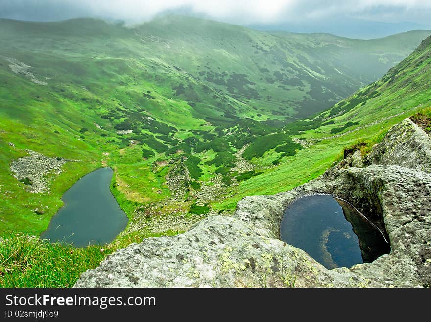 Alpine lake in a green valley