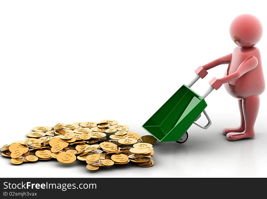 3d multi use Gold Coin In Wheelbarrow. Business growth and profit