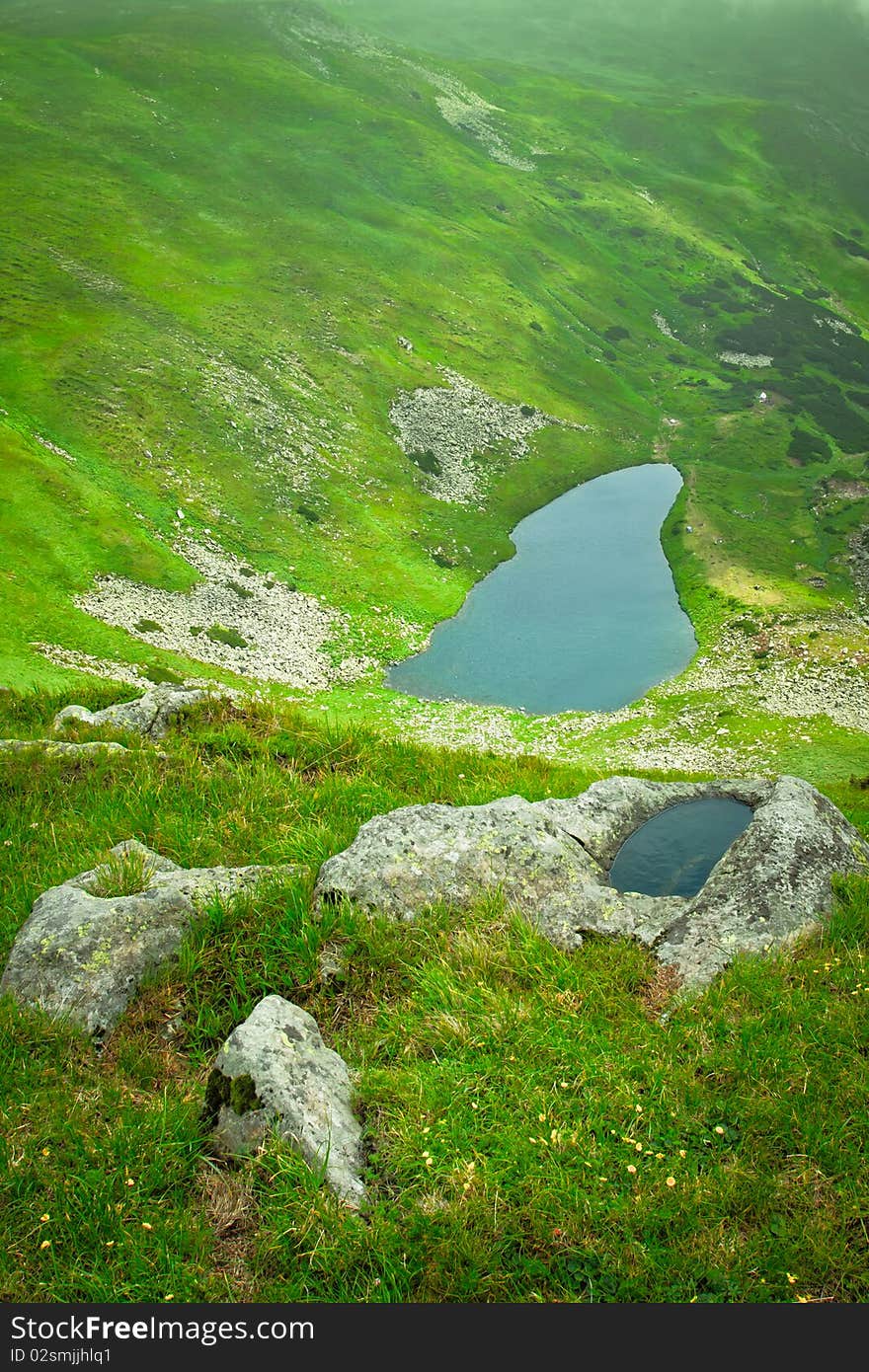 Alpine lake in a green valley