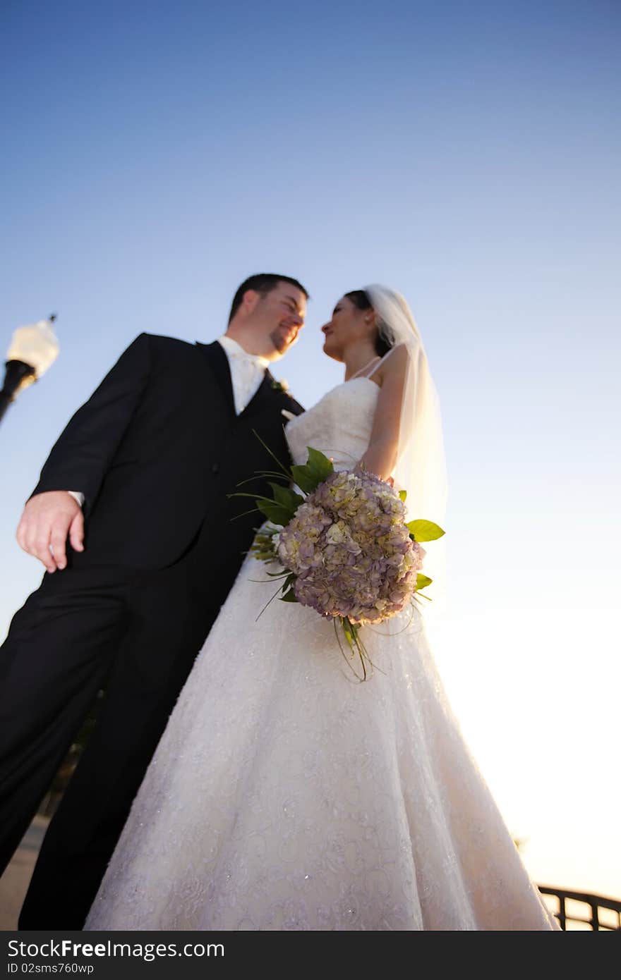 Portrait of groom and bride holding bouquet of flowers looking at each other. Portrait of groom and bride holding bouquet of flowers looking at each other.