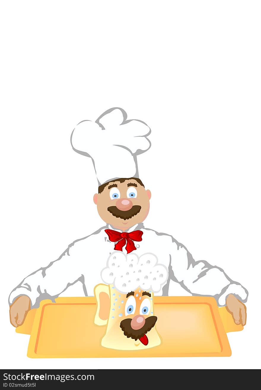 The vector illustration the cheerful cook holds a beer glass.