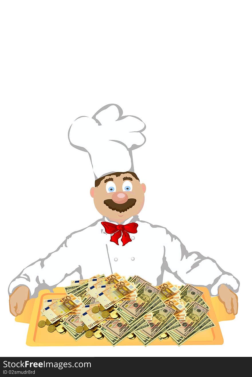 The photo the cheerful cook holds a tray with money .