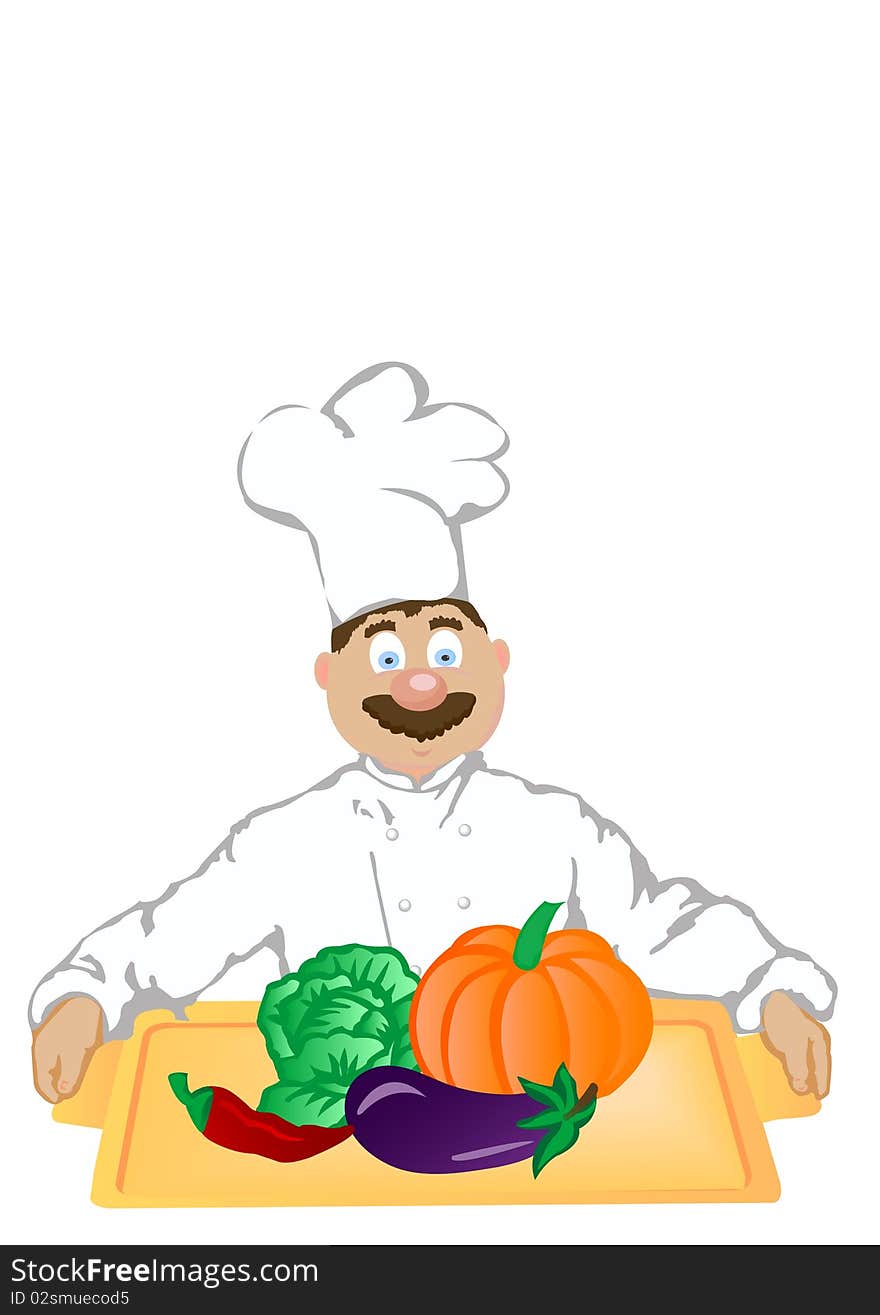 The vector illustration the cheerful cook holds a tray with vegetables.