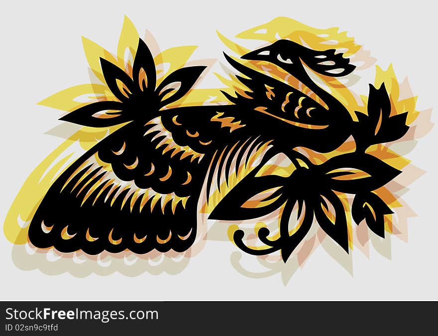 Illustration of a phoenix bird on a flowering branch. Illustration of a phoenix bird on a flowering branch