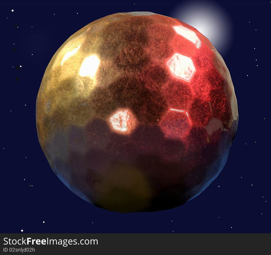 Metallic red and golden sphere on a dark blue starry background with a sun emerging from the upper right. Metallic red and golden sphere on a dark blue starry background with a sun emerging from the upper right.