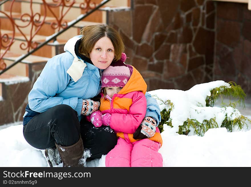 Winter portrait of mother and daughter