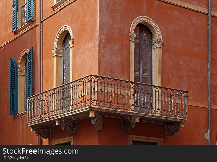 Verona, Facade Detail With Balcony, Veneto, Italy