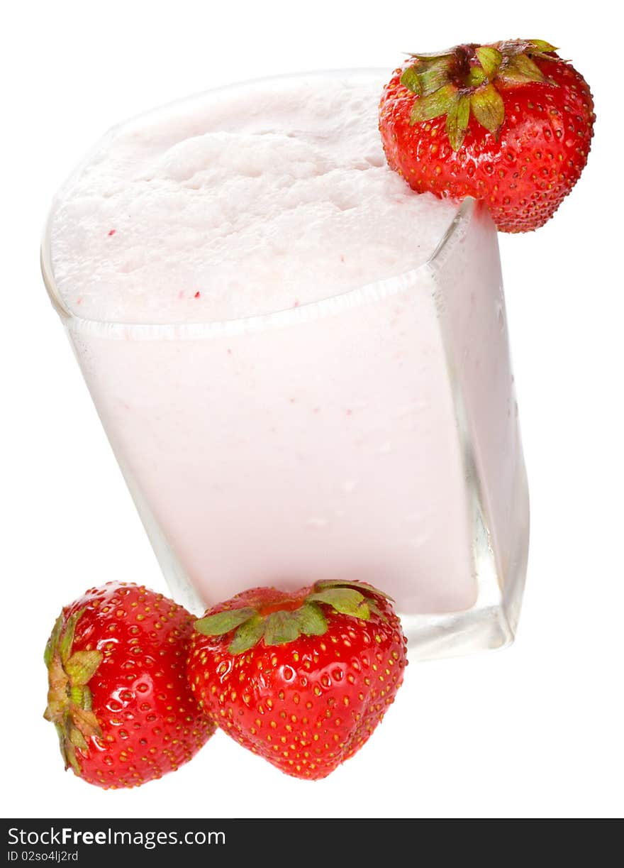 Close-up fresh strawberry milkshake, isolated on white