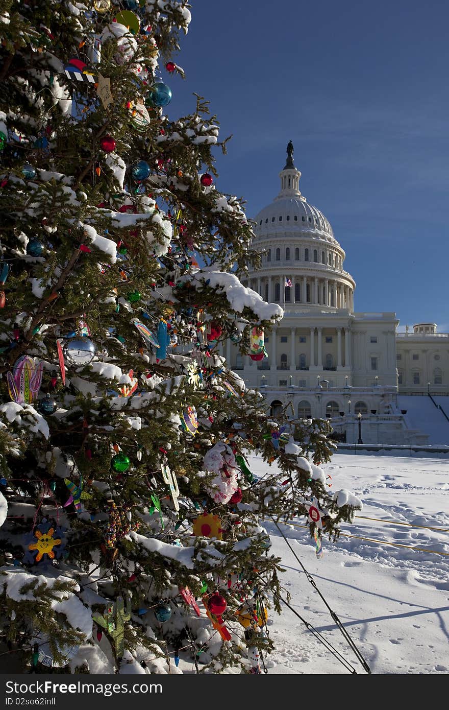 View of the Capitol with a lot of snow in the morning under blue sky after a few days of snow strom. In the Front the Capitol Christmas tree. View of the Capitol with a lot of snow in the morning under blue sky after a few days of snow strom. In the Front the Capitol Christmas tree