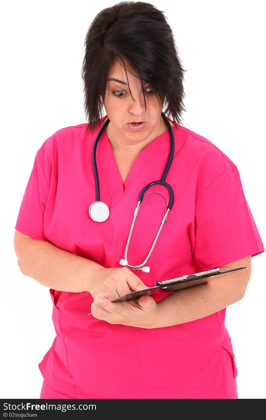 Attractive over weight forty year old french american woman over white with clipboard. Attractive over weight forty year old french american woman over white with clipboard.