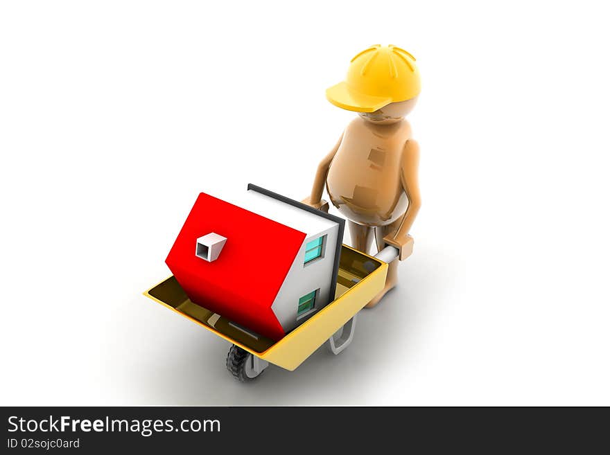 3D multi use construction worker with a wheelbarrow in white background