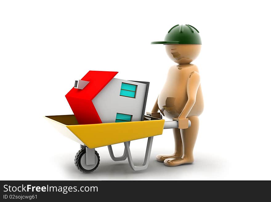 3D multi use construction worker with a wheelbarrow in white background