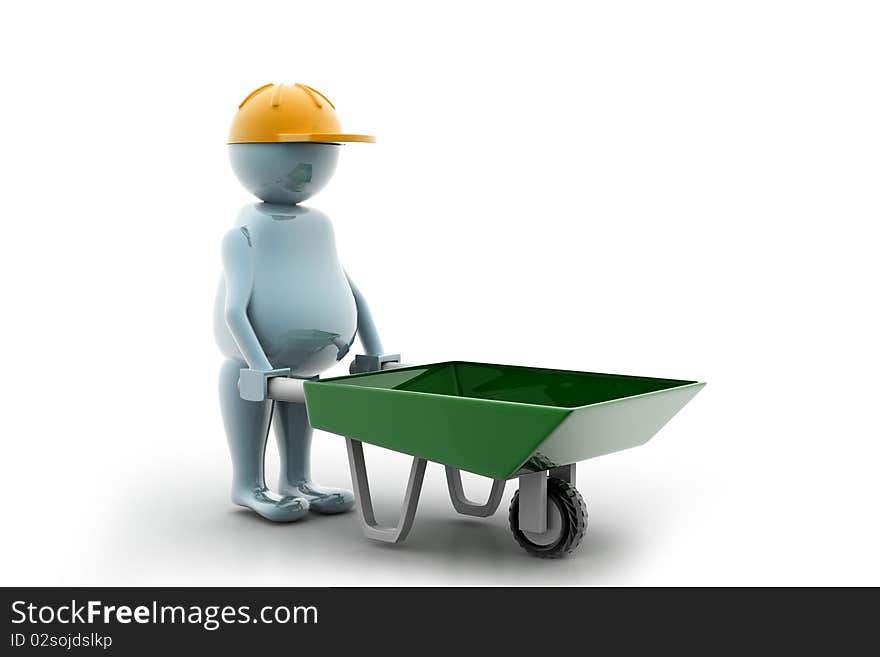 3D multi use construction worker with a wheelbarrow in white background