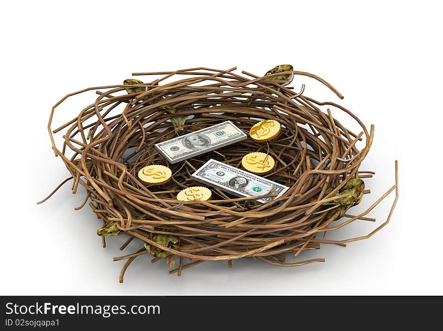 Dollar and  coin in nest