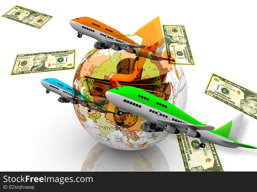 Air plane flying over the world currency