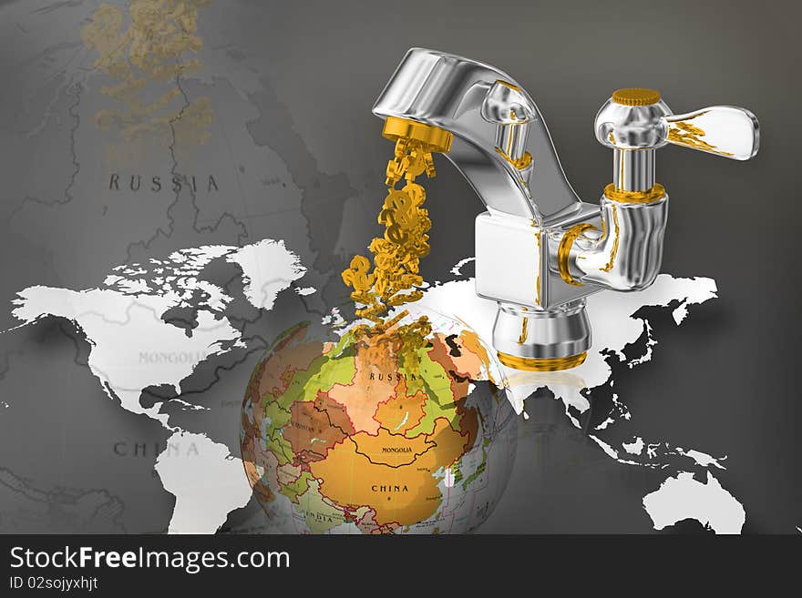 3d Money flowing out of a retro tap over the earth. financial stream. 3d Money flowing out of a retro tap over the earth. financial stream