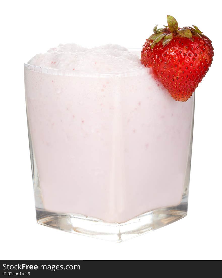 Close-up fresh strawberry milkshake, isolated on white