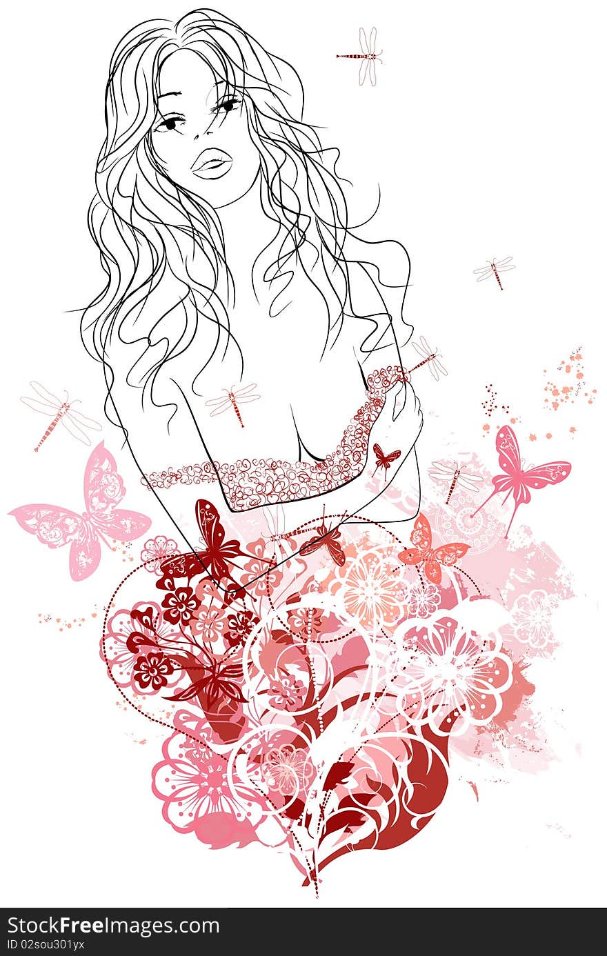 Vector illustration of a woman portrait in grunge floral background