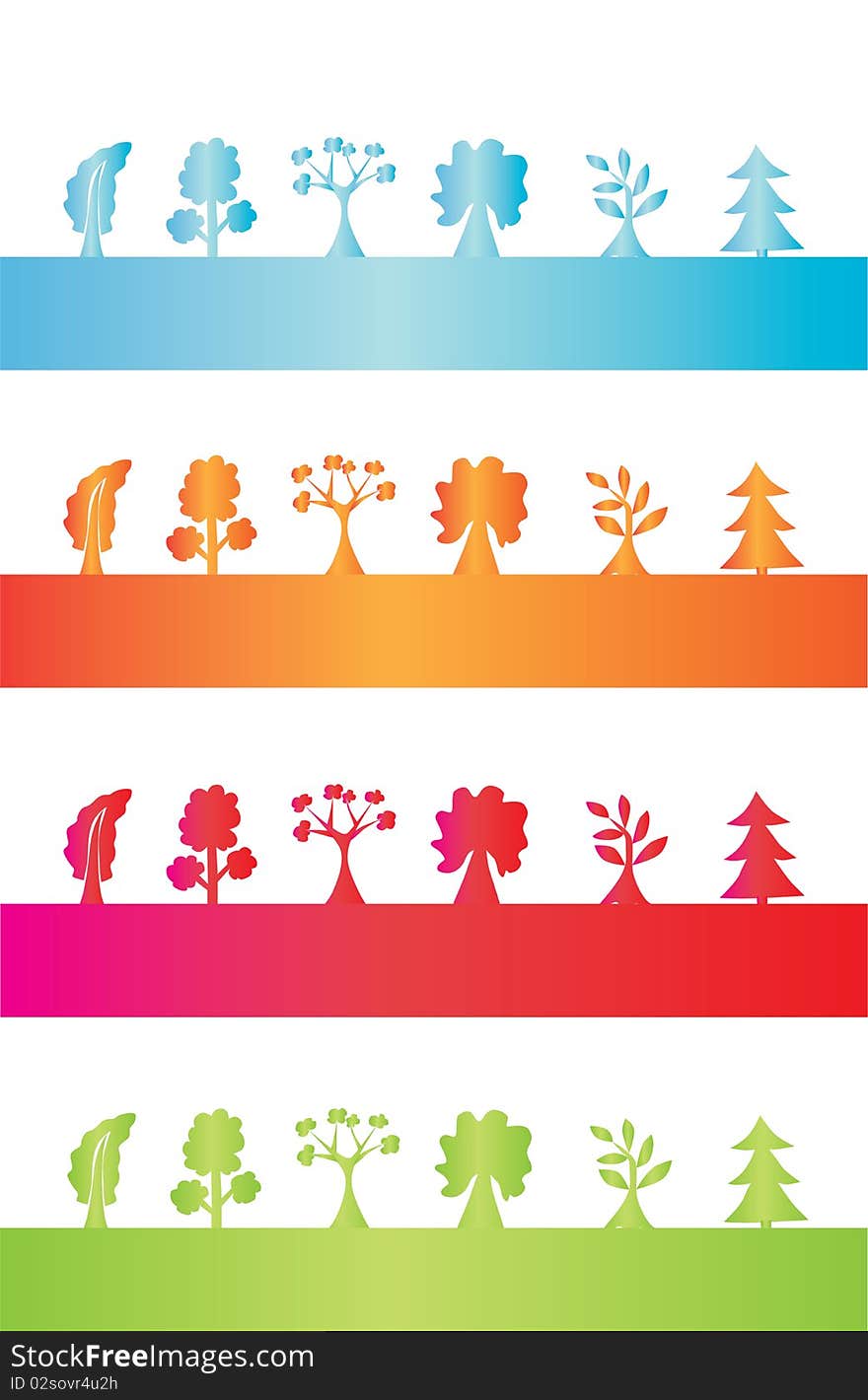 Set of abstract tree silhouettes, in four season colors