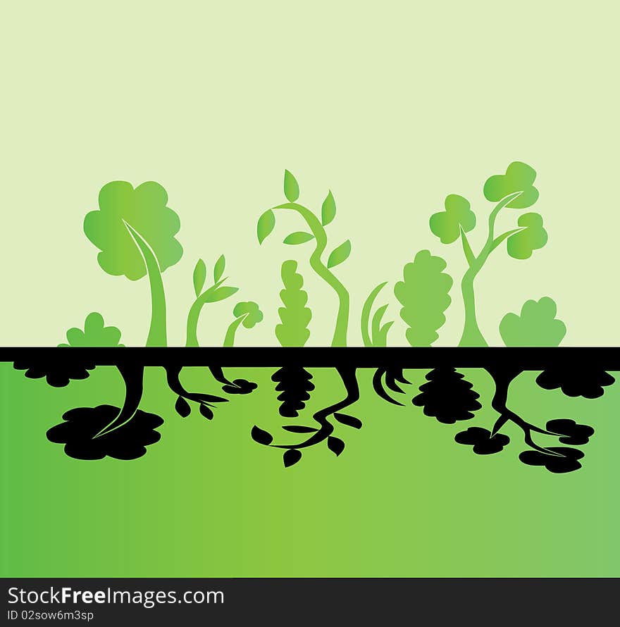 Trees and grass silhouettes in green colors, symbol of nature