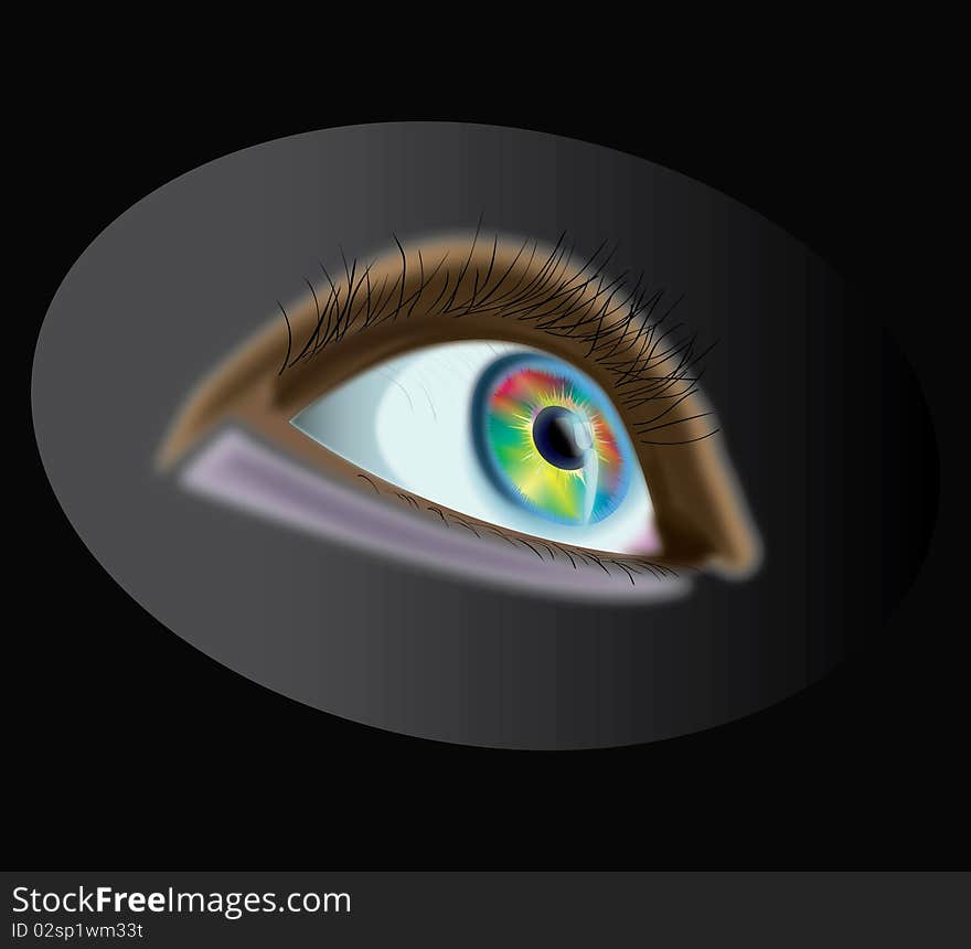 The iridescent human eye looks up