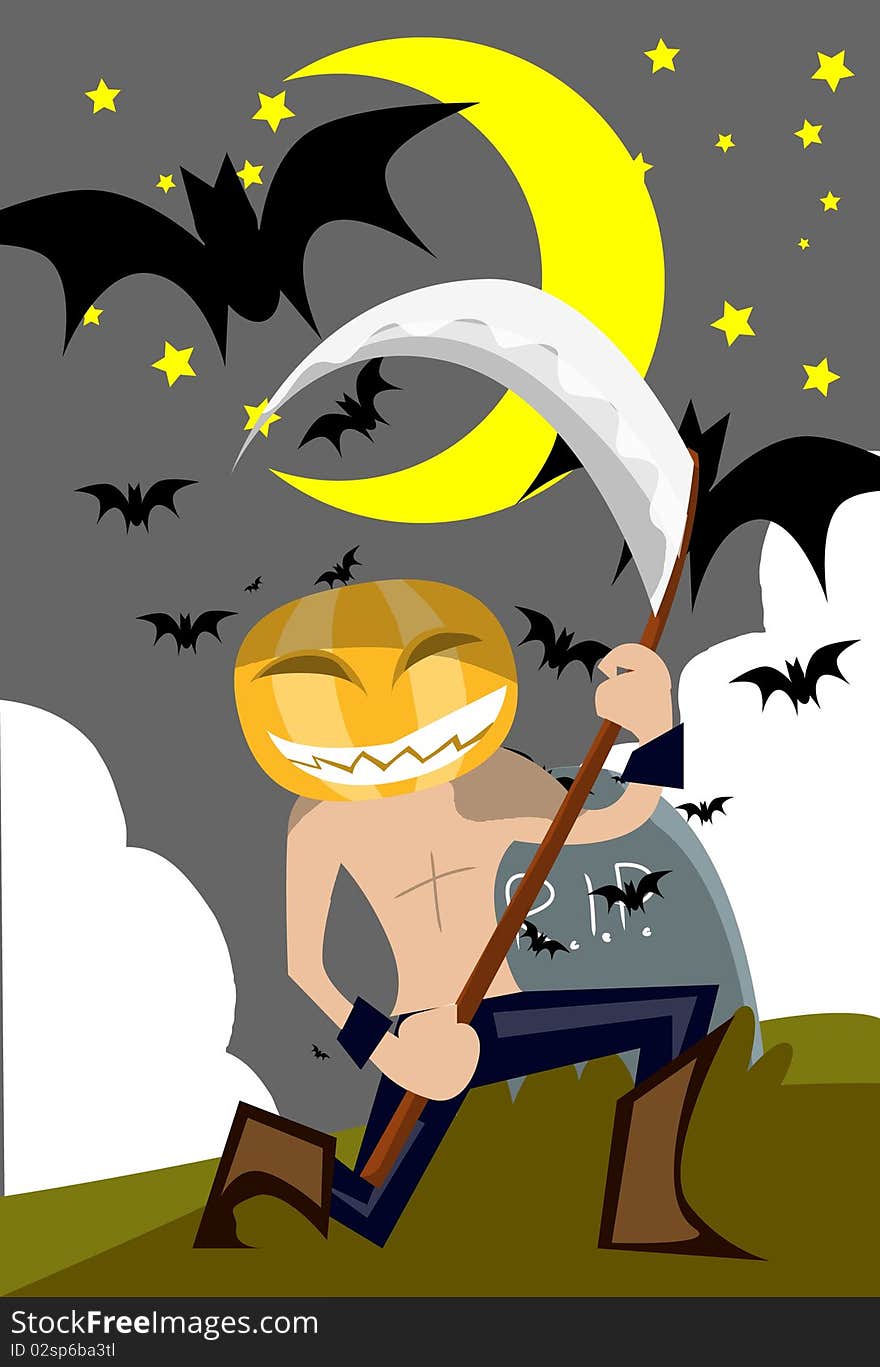 Image of pumpkin angel of death who is standing and smiles. Image of pumpkin angel of death who is standing and smiles