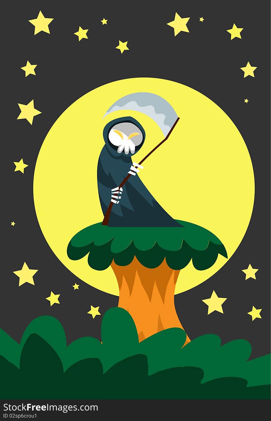 Image of a angel of death who is standing on the tree podium on Halloween night. Image of a angel of death who is standing on the tree podium on Halloween night.