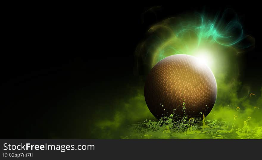 Fractal illustration of metal sphere on green water background