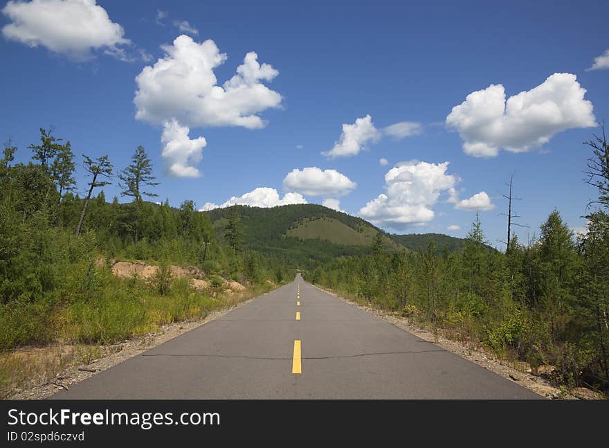 The straight asphalt road ahead. The straight asphalt road ahead